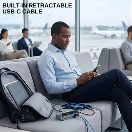 Built-in retractable USB-C cable on 470W charging station used in travel seating area