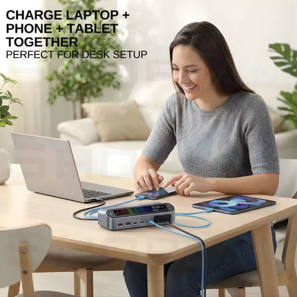 ShopFam 470W charging station powering laptop, phone and tablet together on a desk