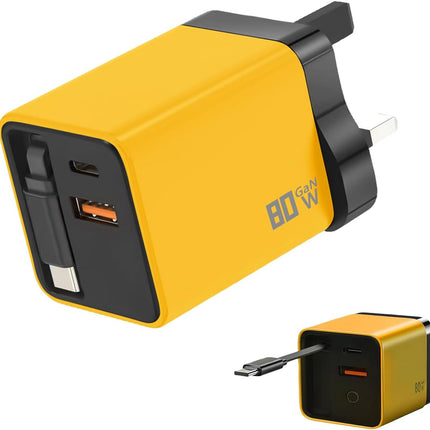 Universal 3-in-1 GaN Charger Plug 80W with Type-C Retractable Cable