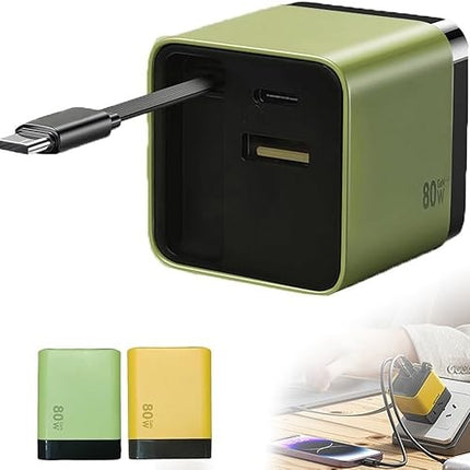 Universal 3-in-1 GaN Charger Plug 80W with Type-C Retractable Cable