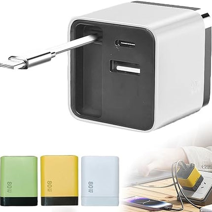 Universal 3-in-1 GaN Charger Plug 80W with Type-C Retractable Cable