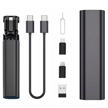 Compact 6-in-1 travel charger kit with adapters and storage layout