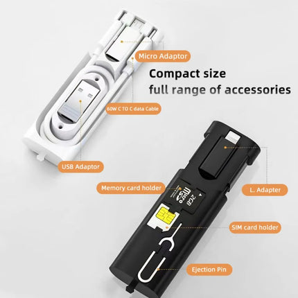 6-in-1 travel charger kit contents including cable, adapters and tool