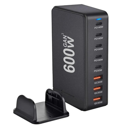 Black 600W GaN 8-port charging station with desktop stand base