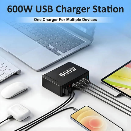 600W GaN 8-port USB charging station charging phone tablet earbuds and laptop