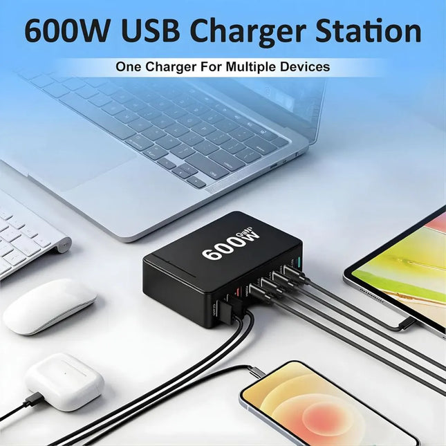 600W GaN 8-port USB charging station charging phone tablet earbuds and laptop
