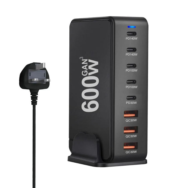 Black 600W GaN 8-port USB charging station with UK plug power cable