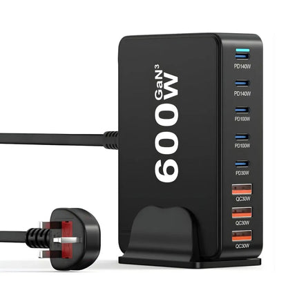 Black 600W GaN 8-port USB charging station with UK plug and stand