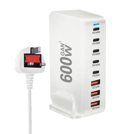 White 600W GaN 8-port USB charging station with UK plug power cable