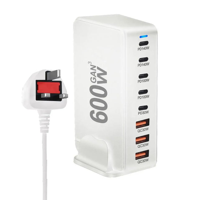 White 600W GaN 8-port USB charging station with UK plug power cable