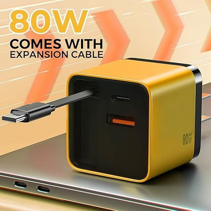 Universal 3-in-1 GaN Charger Plug 80W with Type-C Retractable Cable