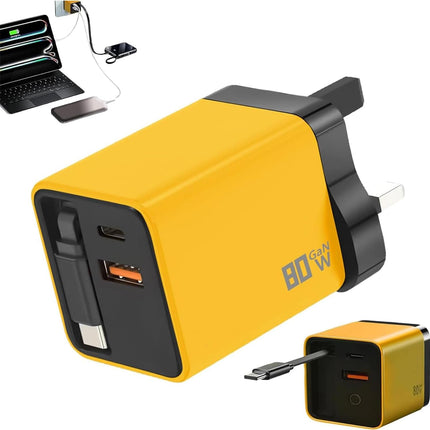 Universal 3-in-1 GaN Charger Plug 80W with Type-C Retractable Cable
