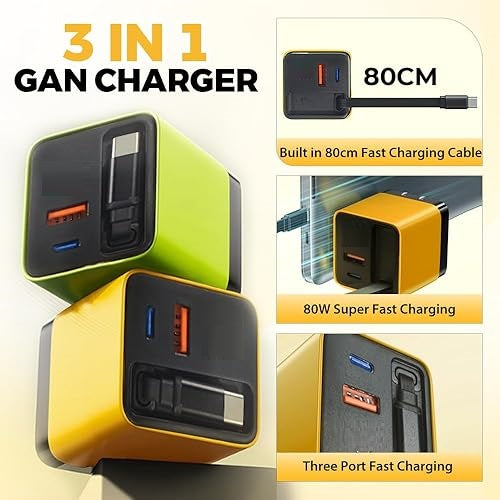 Universal 3-in-1 GaN Charger Plug 80W with Type-C Retractable Cable