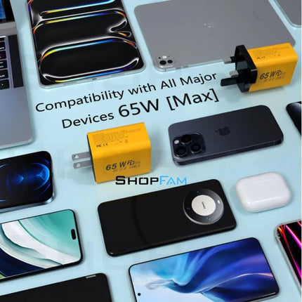 65W USB-C charger compatibility with phones tablets earbuds laptops and power banks