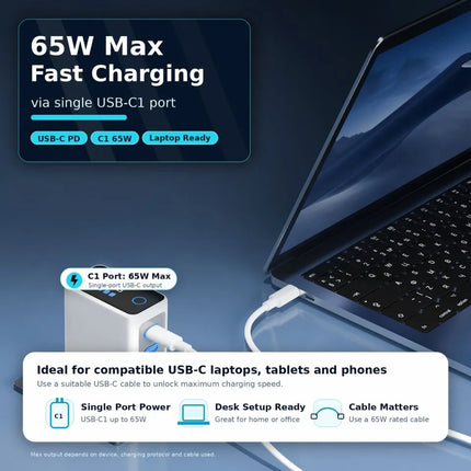 65W USB-C PD charger connected to compatible laptop with single-port output