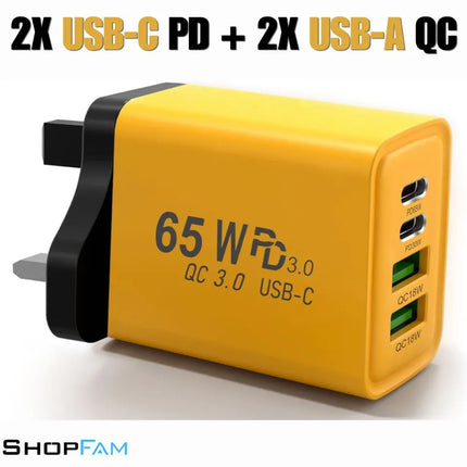 USB C plug 65W fast charger 4 port PD QC wall adapter in yellow