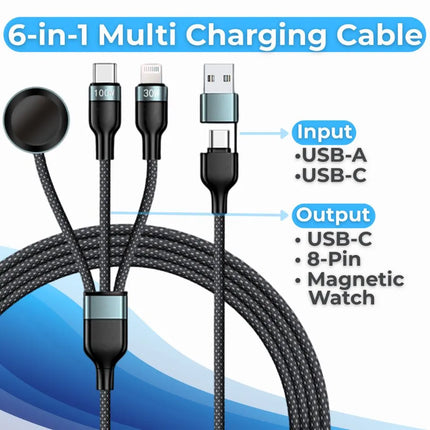 Black 6-in-1 multi charging cable with USB-C, iPhone and Apple Watch connectors