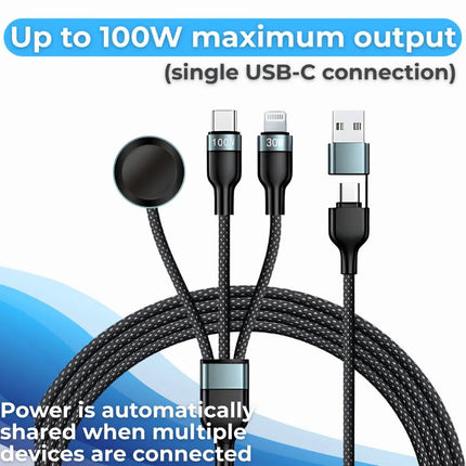 6-in-1 charging cable showing up to 100W maximum output and shared power