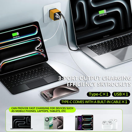 Universal 3-in-1 GaN Charger Plug 80W with Type-C Retractable Cable