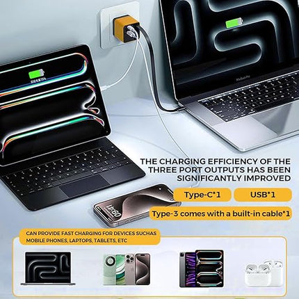 Universal 3-in-1 GaN Charger Plug 80W with Type-C Retractable Cable