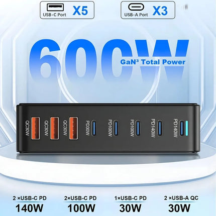 8-port 600W USB charging station layout with 5 USB-C and 3 USB-A ports