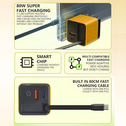 Universal 3-in-1 GaN Charger Plug 80W with Type-C Retractable Cable