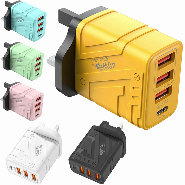 4‑Port USB Wall Charger (1× USB‑C PD + 3× USB‑A) | Fast Charging up to 40W