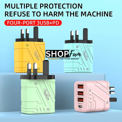 4‑Port USB Wall Charger (1× USB‑C PD + 3× USB‑A) | Fast Charging up to 40W