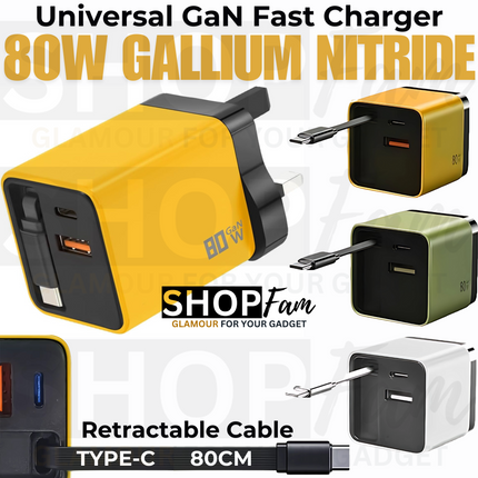 Universal 3-in-1 GaN Charger Plug 80W with Type-C Retractable Cable