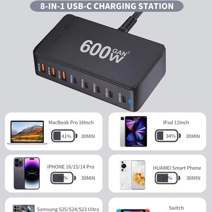 600W GaN 8-Port Charging Station (5 Type-C + 3 USB-A) - Black