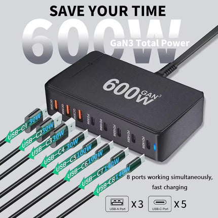 600W GaN 8-Port Charging Station (5 Type-C + 3 USB-A) - Black