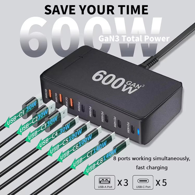 600W GaN 8-Port Charging Station (5 Type-C + 3 USB-A) - Black