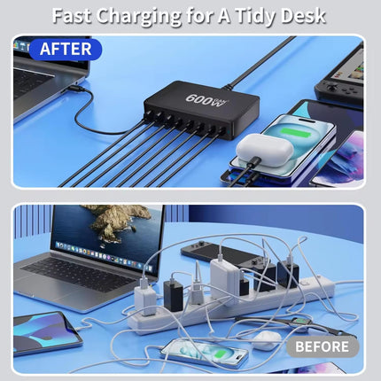 600W GaN 8-Port Charging Station (5 Type-C + 3 USB-A) - Black