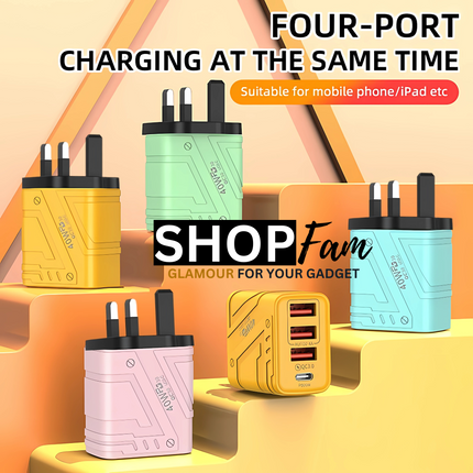 4‑Port USB Wall Charger (1× USB‑C PD + 3× USB‑A) | Fast Charging up to 40W