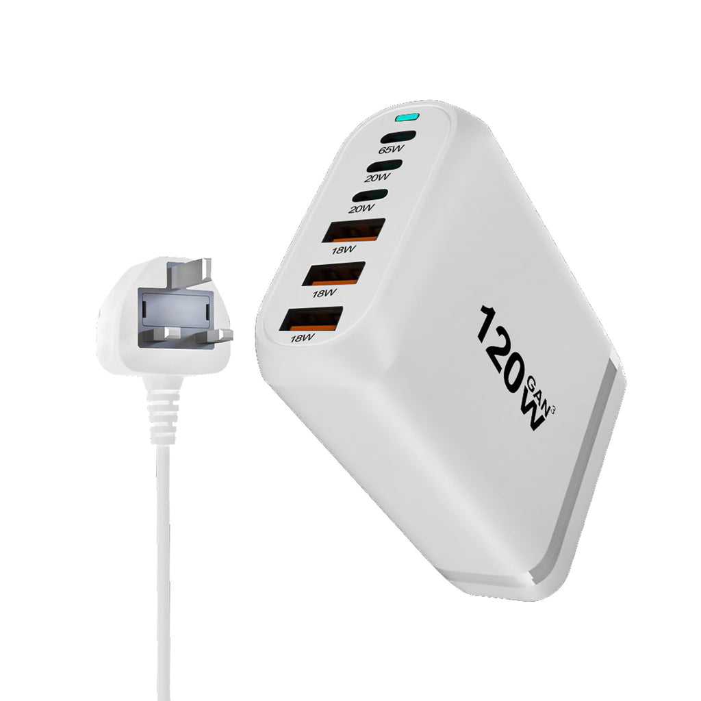 120W GaN 6-Port Charging Station (3 Type-C + 3 USB-A) - White