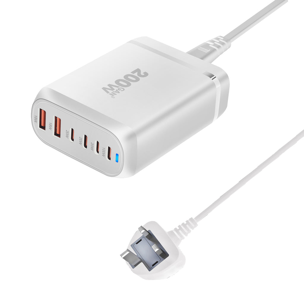200W GaN 6-Port Charging Station (4 Type-C + 2 USB-A) - White