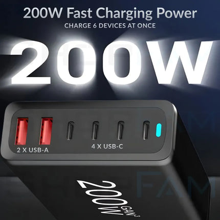 Black 6-port 200W GaN fast charger with up to 100W USB-C output and intelligent current distribution