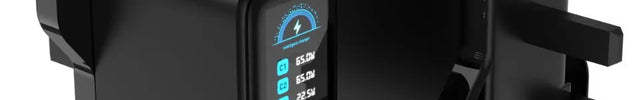 Black 65W GaN USB-C charger plug showing 3-port charging layout