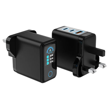 Black 65W GaN USB-C charger plug showing 3-port charging layout