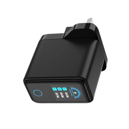 Black 65W GaN USB-C charger plug side view with LCD display