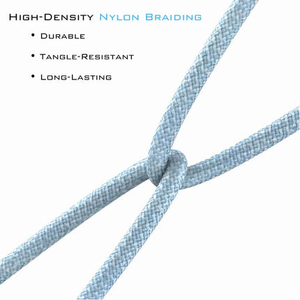 Blue high-density nylon braided USB-C cable shown tied to demonstrate flexibility