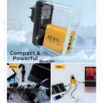 Compact and powerful yellow 65W USB-C UK plug charger