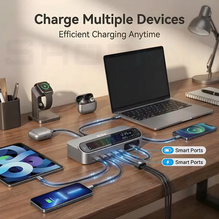 Desktop 470W GaN charging station charging laptop, phone, tablet, earbuds and accessories