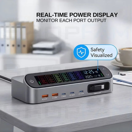 GaN charging station digital display showing real-time power output and safety visualisation