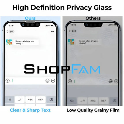 High definition iPhone privacy glass with clear sharp text compared to low quality grainy film