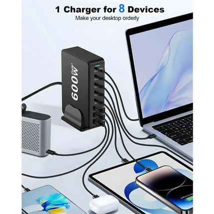 One 8-port USB charging station powering multiple phones tablets and accessories