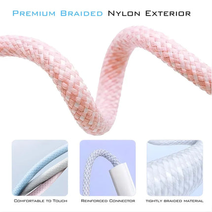 Close-up of pink braided nylon USB-C cable exterior with reinforced connector detail