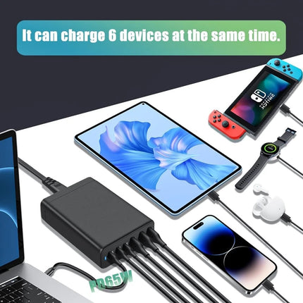 120W GaN 6-Port Charging Station (3 Type-C + 3 USB-A) - Black