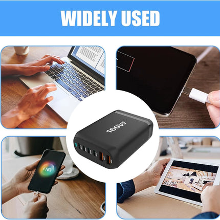 160W GaN 6-Port Charging Station (4 Type-C + 2 USB-A) - Black