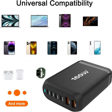 160W GaN 6-Port Charging Station (4 Type-C + 2 USB-A) - Black